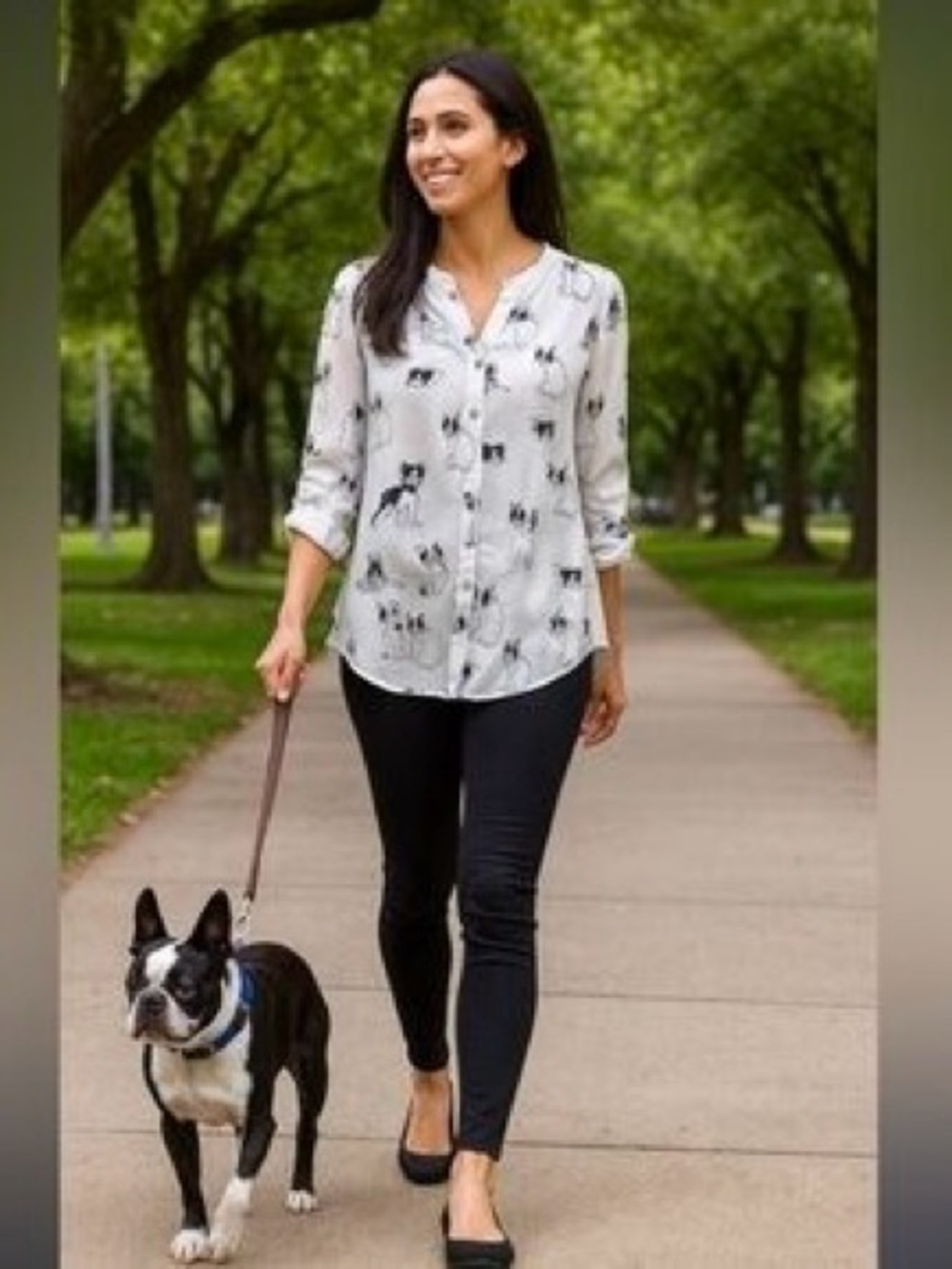 JOHN MARK White Long-Sleeve Button-Front Shirt with Black Dog Print Sz M/L